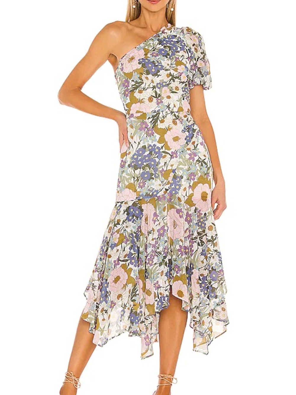 ASTR the Label REVOLVE One-Shoulder Floral Midi Dress Santorini Pink Cream SMALL
